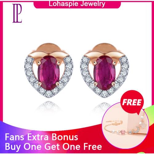 LP 14 K Rose Real Gold Stud Earrings Natural No Heated Ruby & Diamonds Earring Heart Shape Fine Jewelry Womens Exquisite Gift