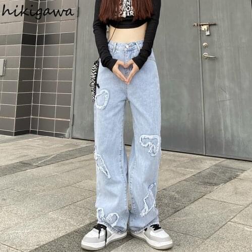 Hikigawa Fashion Raw Edge Heart Patch Jeans Women 2021 Vintage Streetwear Loose Straight Trousers Korean Outer Wear Denim Pants