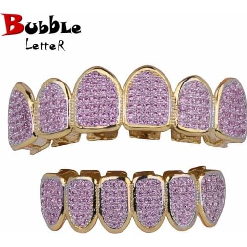 Hip Hop teeth Grillz Iced Out AAA Pink Color Zircon Fang Mouth Teeth Caps Top & Bottom Tooth Set Men Women Grills Jewelry