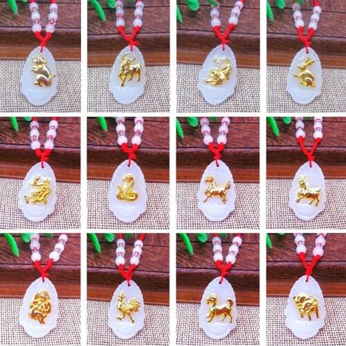 Temple Fair Stall Men Women Glass Imitation Crystal Gold-color Chinese Zodiac Avalokitesvara Maitreya Buddha Red Rope Necklace