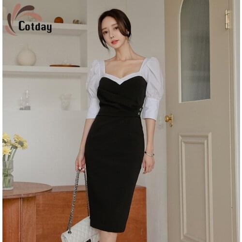 Cotday Button Patchwork Vestidos Women Party Spring Office V Neck Sexy Dress Elegant Club Wear Ladies Femme Bodycon Dresses