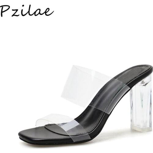 Pzilae fashion 2020 new PVC crystal heel transparent women sexy clear high heels summer slippers women open toe slippers black