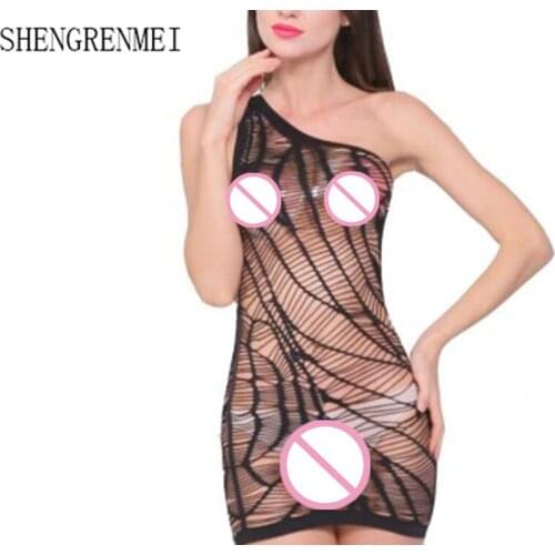 SHENGRENMEI Hot Medias Sexy Lingerie Mini Dress Exotic Spider Mesh Babydoll Women Fishnet Chemises Ladies One-shoulder Nightwear