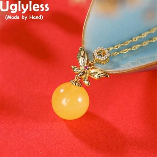 Uglyless Gold Butterfly Insects Necklaces for Women Natural Chicken Oil Beeswax Amber Pendants + Chain 925 Silver Vogue Jewelry