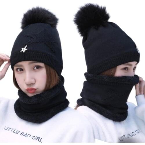 Knitted Hat Scarf Set Women Warm Plus Velvet Thick Beanies Fashion Winter Pompom Knitted Cap Scarves Kit