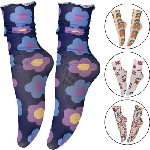 Print Mesh Socks Women Summer Flowers Sheer Socks Over Ankle Female Harajuku Skarpetki Korean Style Women Funny Socks