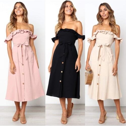Elegant Backless Sexy Women Summer Dress 2020 Ruffles Casual Off Shoulder Dress Strapless Sundress Female Vintage Midi Dresses
