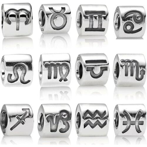 2019 NEW 100% 925 Sterling Silver 12 Constellations Alphabet Charm Beaded Fit DIY Bracelet Bangle Necklace Women Jewelry Gift