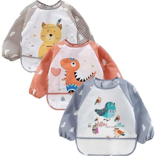 3PC Babero Con Mangas Baby Eating Clothes Waterproof Long-sleeved Striped Cute Cartoon Bibs inverted Gown детские слюнявчики 5