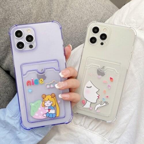 Corners Shockproof Card Slot Pocket Case For iPhone 11 12 Pro Max XR XS Max 7 8 Plus Soft TPU Cartoon Abstract Character Cover