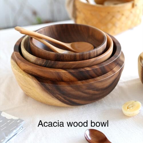 Acacia wooden bowl Japanese style wooden tableware household and basin fruit plate salad bowl whole wooden soup bowl wooden bowl