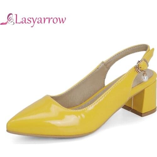 Lasyarrow Women Pumps Yellow Black Red Patent Leather High Square Heel Casual Office Pointed Toe Mules Lady Slip-on Summer Shoes