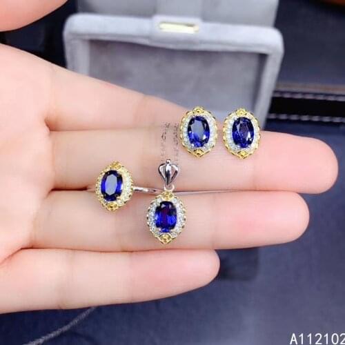 KJJEAXCMY fine Jewelry 925 sterling silver inlaid natural sapphire vintage pendant ring earring set support test Chinese style