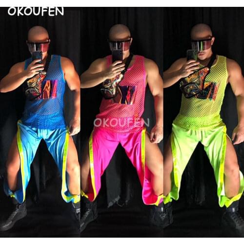 New style Sexy Night Show ds Fluorescent stage costume Bar nightclub Male singer dancer Party show magic vest costume