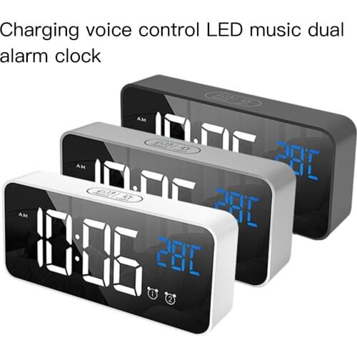 Home Bedroom Living Room Rechargeable Bedside Music Clock LED Mirror Alarm Clock Sound Activated Clock
