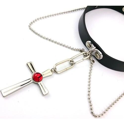 Rosario and Vampire Akashiya Moka Cosplay Costume Metal Pendant Cross Black PU Chain Necklace Accessories