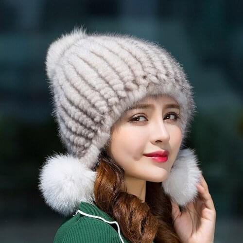 Winter Hats for Women Natural Mink Fur Caps Large Fox Pompom Hat with Ears Womens Streetwear Bonnet Gorros Mujer Invierno MY813