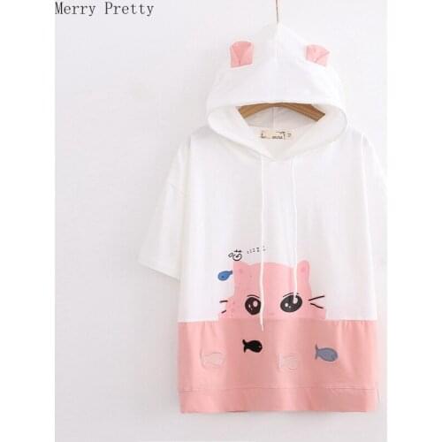 Harajuku Cartoon Cat Embroidery Hoodies Sweatshirts With Ears On Hood Women Summer Cotton Hooded Pullovers Student Sweatshirt