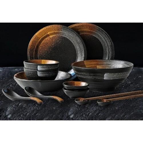 KINGLANG Japanese Dinner Set Ceramic Retro Japanese Tableware Set Frosted Texture Bowl Dish Home Flat Plate Restaurant Hotelware