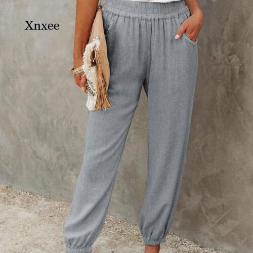 2021 Spring and Summer Womens New Fashion Womens Nine-Point Pants Loose Solid Color Pockets Ladies Tie Feet Pants Casual Pants
