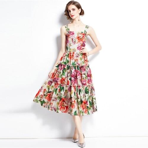 Fashion Designer Runway Dress 2021 Summer Spaghetti Strap High Waist Floral Print Cascading Ruffle Elgant Party Backless Dresses