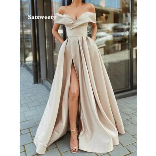 2020 Off the Shoulder Champagne High Slit Long Prom Dresses vestidos de fiesta de noche V Neck Evening Gowns