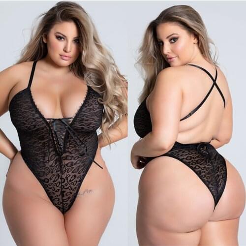 Womens 2021 Christmas Sexy Underwear Plus Size Lingerie 3XL-5XL Black Leopard Print Deep V-neck Mesh Sheer Bodysuits Nightwear