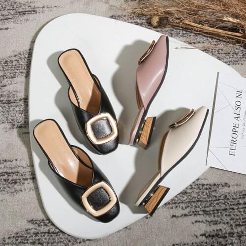 2020 New Autumn Toe Mules Women Fashion Low Heels Slippers Casual Metal Buckle Slides Ladies Shallow Loafers Beach Leather Shoes