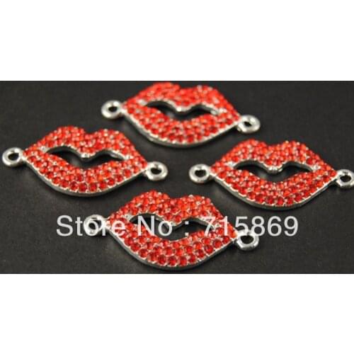 Free Shipping 400pcs/Lot 38mm x 20mm Silver Tone Red Crystal Rhinestones Hot Lips Connector Bracelet Charms