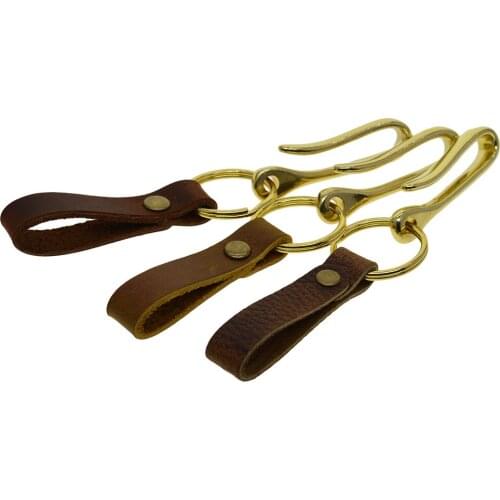 Solid brass Japanese Fish U hook fishhook belt Tan Brown khaki Black full grain Leather strap key hanger Keychain keyholder