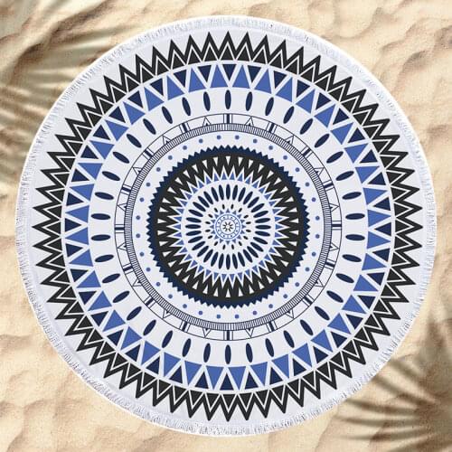 Black White Blue Color Geometric Mandala Pattern Microfiber Beach Towel With Tassel Summer Travel Round Beach Towel For Adult