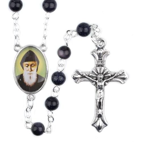 Blue Sandstone Rosaries 6mm Beads Virgin Mary St Charbel Rosary Catholic Cross Necklace