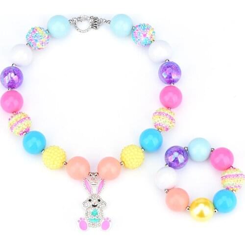 Baby Girl Necklace Easter Bunny with Blue Egg Chunky Bubblegum Bead Necklace for Girls/photo Prop Cake Smash Spring Outfit