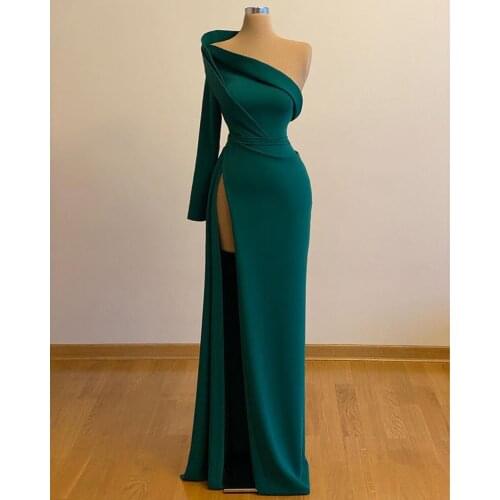 One Shoulder Single Long Sleeves Emerald Green Evening Dresses Plus Size 2021 Sexy High Slit Formal Dress Party Gowns