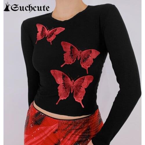 SUCHCUTE Butterfly Print Gothic T-shirts Women Slim Casual Aesthetic Black Crop Top Long Sleeve O Neck Punk Streetwear Tee Shirt