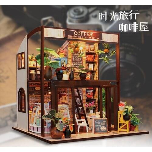 Diy Doll Coffee House Wooden With Led Simulation Decal Birthday Gift Assemble 3d Blocks Music Furniture Toys For Children