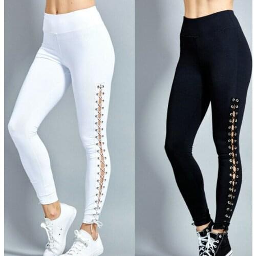 Women Yoga Pants Gym Leggings Lace-up Casual Elastic Legging Solid Hollow Out Fitness Pants High Waist Workout Stretch Trousers