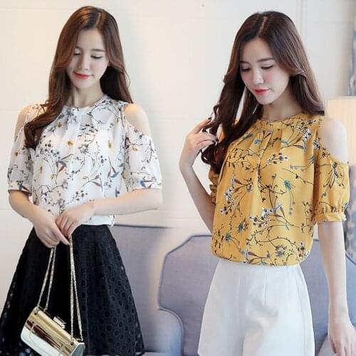 Summer off shoulder loose Chiffon Floral Print Women Blouse Shirt Blusas Short Sleeves O-neck Floral Plus Size Female Tops
