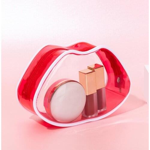 Fashion Cosmetic Organizer Bags Water Proof Portable PVC Transparent Lip Shaped Makeup Tools Storage Bags for Travelling