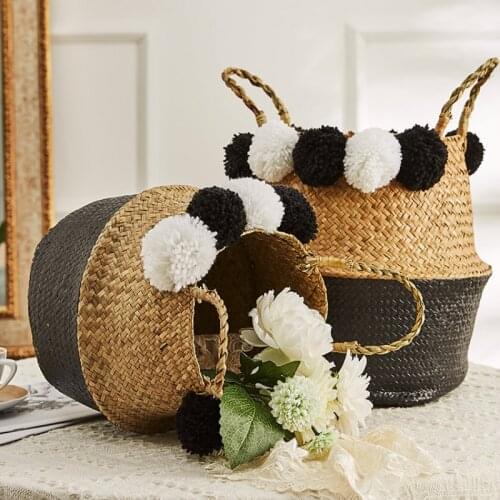 Handmade Wicker Storage Baskets Foldable Laundry Straw Patchwork Seagrass Belly Garden Flower Pot Planter Basket Boho Decor