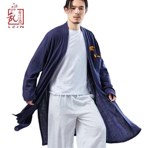 LZJN 2019 Casual Long Sleeve Shirt Summer Mens Vintage Embroidery Kimono Cardigan Cotton Linen Cloak Poncho Open Front Coat
