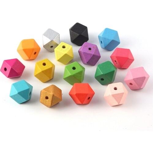SANSHOOR 100pcs 20mm Geometric Colorful Wooden Beads Rainbow Hexagon Wood Craft Fit Handmade Pendant Necklace Key Chains Jewelry