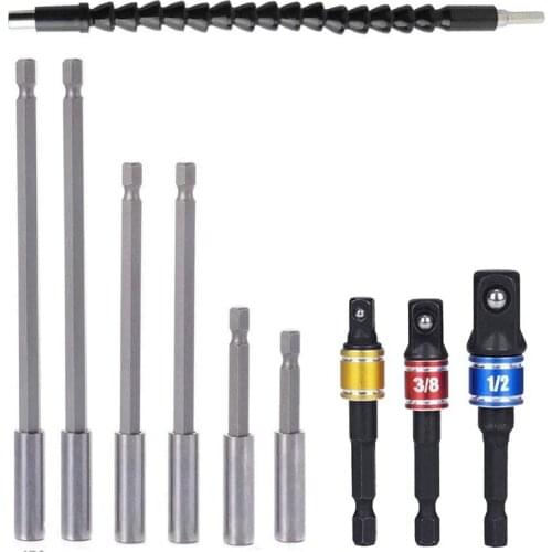 SHGO HOT-6 Pcs Magnetic Drill Bit Holder Extension 3Pcs Impact Socket Square Nut Driver Bit 1Pcs Flexible Angle Extension Bit