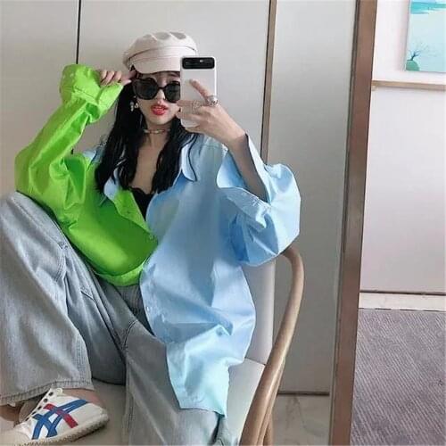 Japan Patchwork Blouse Shirt Loose Summer Oversize Shirt Women Harajuku Punk Long Sleeve Tops Tee Hip Hop Clothes Shirt Girls