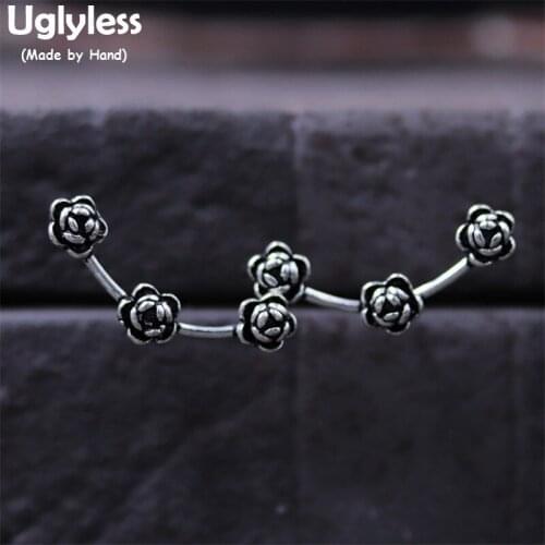 Uglyless Real S925 Thai Sterling Silver Handamde Mini Size Flowers Studs Ethnic Women Vintage Floral Studs Curved Brincos Bijoux