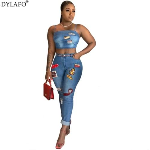 2020 Cartoon Patch Jeans Two Piece Set Spaghetti Straps Crop Top Curled Jeans Pants Women Sexy Night Club Suit Casual Outfits