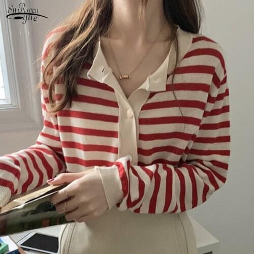 College Style Striped Cardigan Thin Tops Spring New Loose Thin O-Neck Short Coat Female Korean Knitted Wild Blouse Women 12896