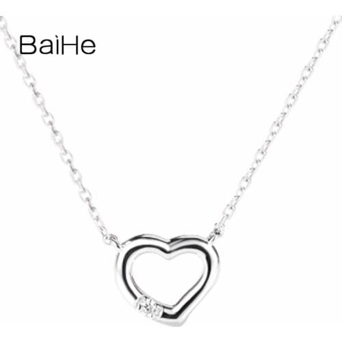 BAIHE Solid 18K White Gold 0.015ct Round Natural Diamond Women Engagement Gift Fine Jewelry Gift Diamond Heart Necklaces