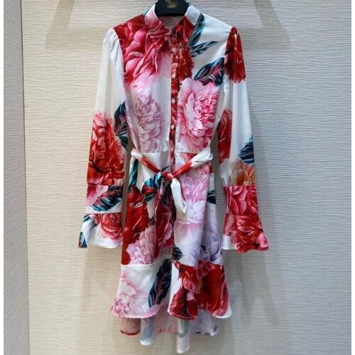 2021 runway spring women floral printed long flare sleeve swing dresses Bohemian holiday mini dress female shirt dress y392