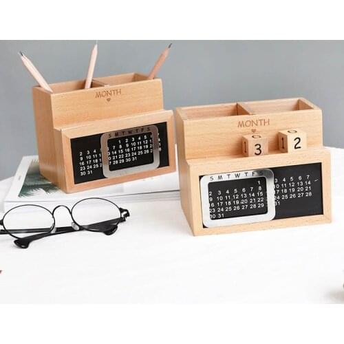 1pcs 2759 retro fashion wooden multifunctional pen holder Creative desktop office double pen holder calendar storage box